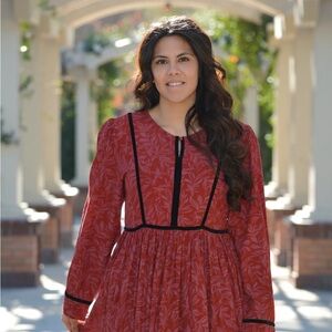 DownEast Red and Black Floral Long Sleeve Mini Dress Velvet Detail